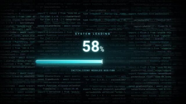 Cyan glowing progress bar reaching 100 percent over code 4K loop