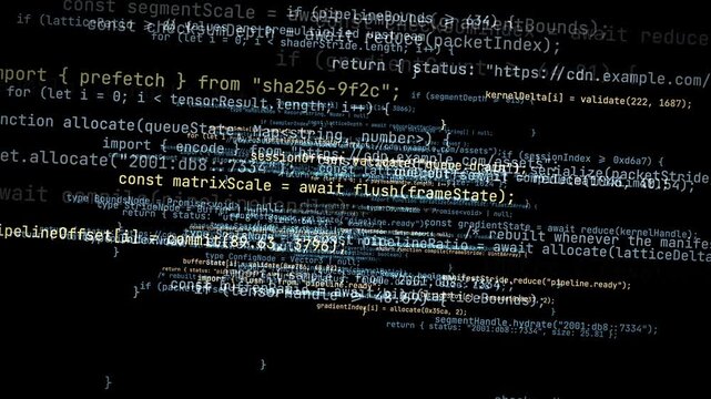 Flying through source code in virtual 3D space 4K loop