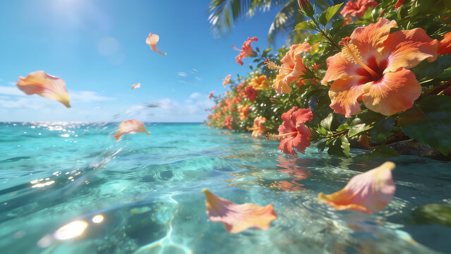 Colorful school of tropical fish swimming near vibrant coral reef underwater.