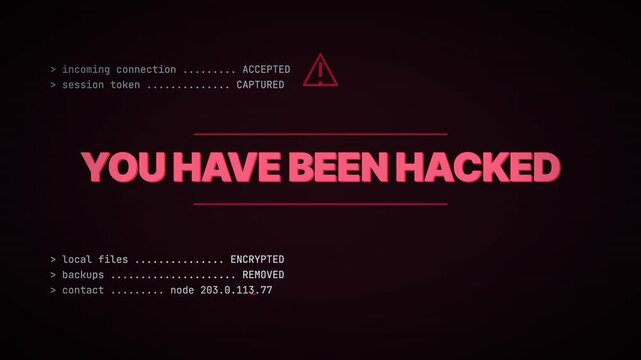 You have been hacked warning on a glitching terminal 4K loop