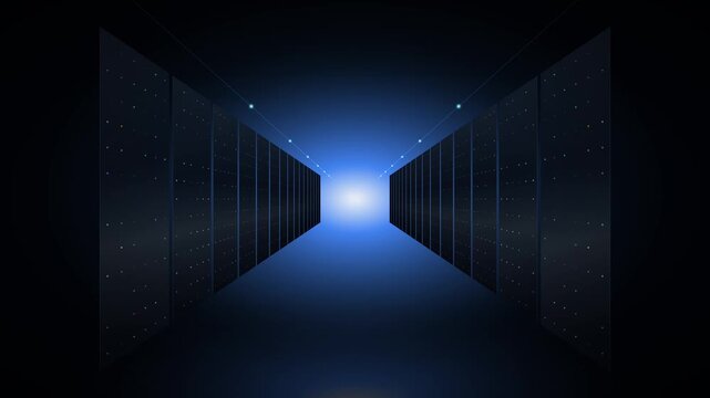 Data center aisle with servers behind glass panels 4K loop