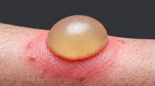 Macro closeup of large fluid filled blister with red inflamed skin base
