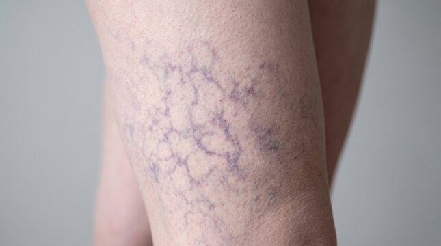 Close up of spider veins and varicose vein network on female leg skin