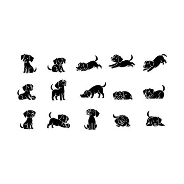 Comprehensive collection of black dog silhouette vector icons featuring beagle puppy poses including running, sitting, sleeping, and playing. Great for vinyl decals, laser cutting, stencils, logos, an
