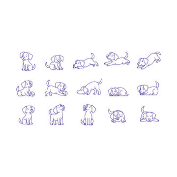 Set of minimal line art vector illustrations of cute beagle puppy in various playful poses, sitting, running, lying, and sleeping. Perfect for icons, coloring pages, clean modern designs, and print