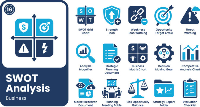 Set of 16 flat vector icons representing business SWOT analysis, strategic planning, and competitive evaluation.