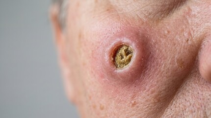 Fototapeta premium Extreme macro of keratoacanthoma lesion on elderly skin with central crust
