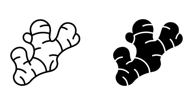 Ginger Root Icon Set, Outline and Solid Black Vector Graphics for Culinary and Health Concepts
