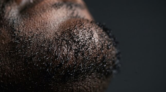 Macro profile close up of coarse curly beard stubble on Black man's chin