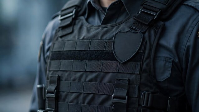 Tactical Black Body Armor Vest Worn by a Law Enforcement Officer for Duty and Public Safety Security Operations