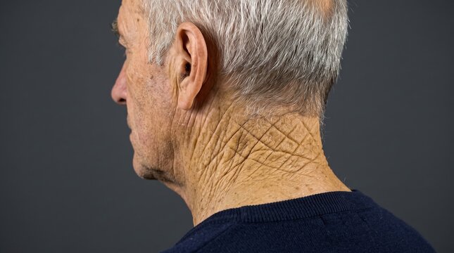 Back side view of elderly man showing severe rhomboidal skin wrinkles on neck cutis rhomboidalis nuchae