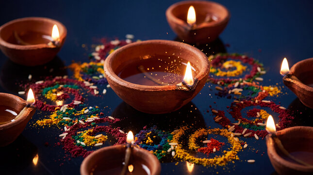 Traditional clay diya oil lamps illuminated during Diwali, decorated with vibrant colorful rangoli patterns and rice grains on a dark reflective surface.