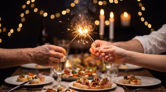 Friends holding burning sparklers together over a dining table filled with appetizers and candles, celebrating a festive holiday or special occasion.