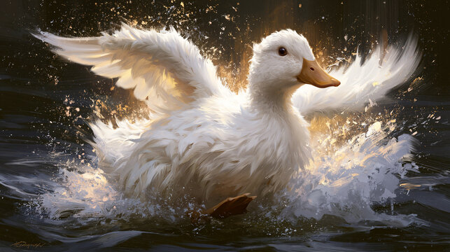 A digital painting of an energetic white duck flapping its wings and splashing in water, illuminated by a warm backlight creating a glowing effect.