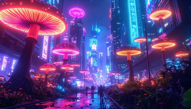 Cyberpunk street with giant glowing neon mushrooms.