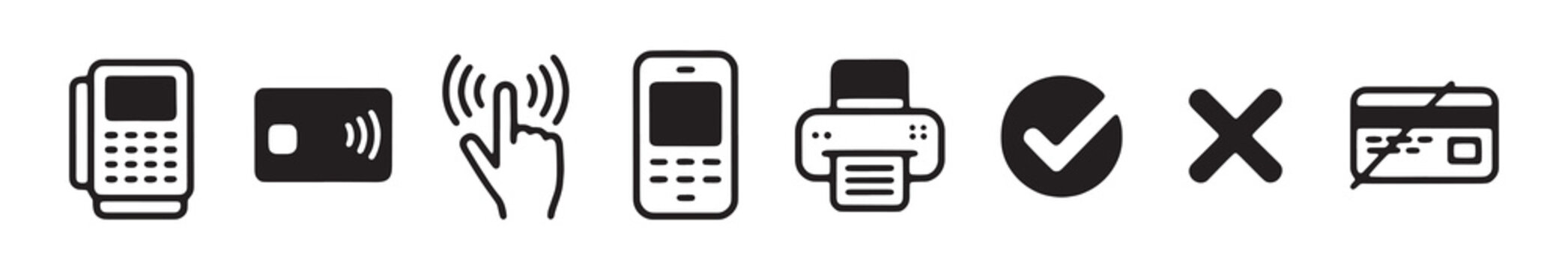 Set of payment terminal mobile device printer and credit card payment icons for digital transactions.