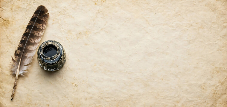 Classic writing tools including a quill pen and ink pot on aged parchment paper for historical or artistic themes