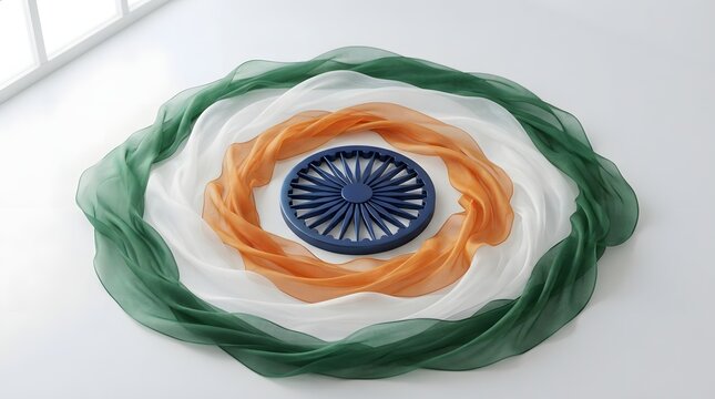 Indian flag colors represented by circular silk fabric layers with a central navy blue ashoka chakra wheel isolated on white background