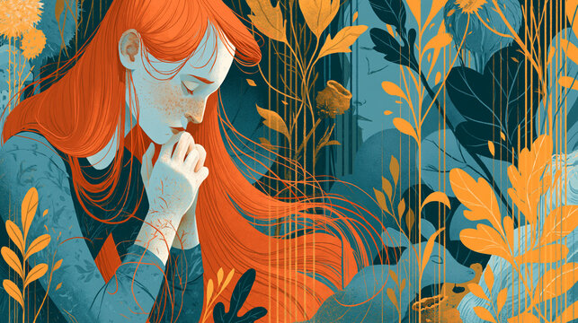 A stylized digital illustration of a young woman with long red hair praying amidst lush botanical foliage, featuring deep teal and vibrant orange tones.