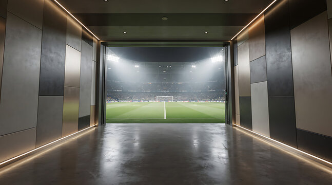 Empty Modern Indoor Corridor Leading to Brightly Lit Sports Field.