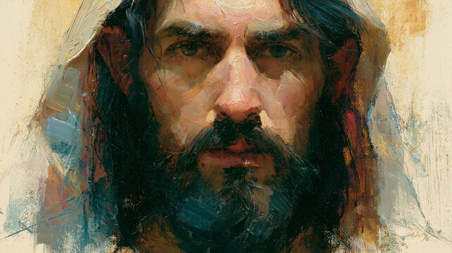A textured digital painting portrait of Jesus Christ, featuring expressive brushstrokes and a calm, intense gaze against a light neutral background.