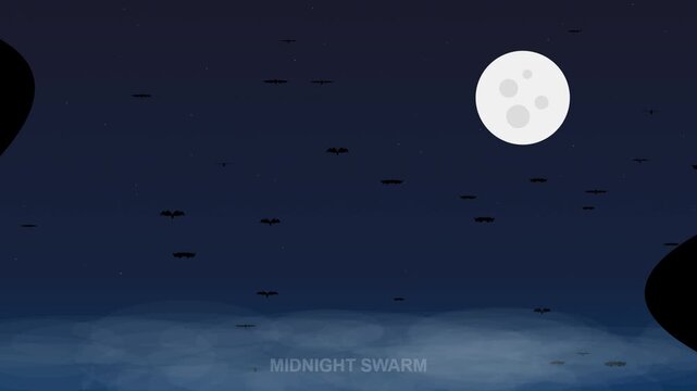 Spooky midnight swarm of bats flying under a full moon