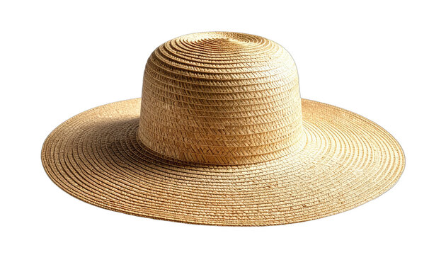 A wide-brimmed straw hat is showcased against a solid black background.
