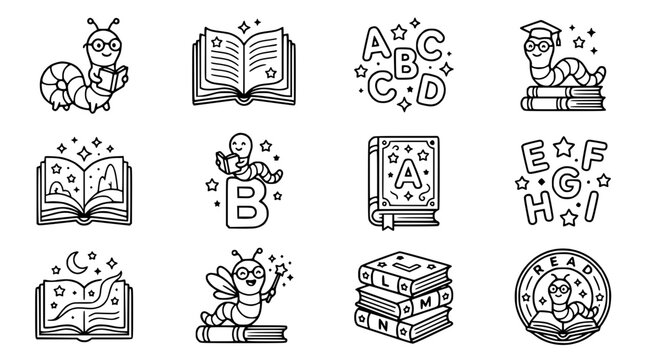Cute bookworm and snail characters reading and learning, set of 12 icons