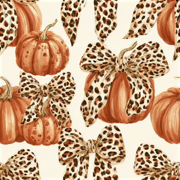 Sassy fall ribbon pattern with leopard spotted pumpkins in warm autumn colors for seasonal decoration