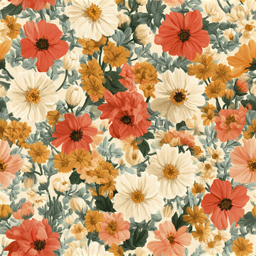 Seamless floral pattern with orange, cream, and yellow flowers and green leaves creating warm, cheerful design