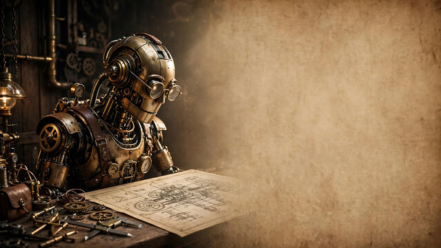 A steampunk robot meticulously studies a blueprint on an antique desk in a dimly lit workshop.