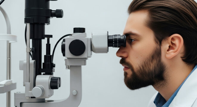 Young male patient getting eye examination with slit lamp autorefractor in ophthalmology clinic.