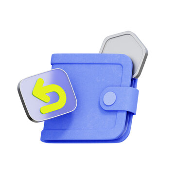 3D illustration of open wallet with return arrow button for money refund, cashback guarantee, payment reversal, financial rebate, expense claim, and purchase cancellation.