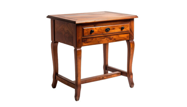A wooden end table with two drawers and curved legs sits against a black background.