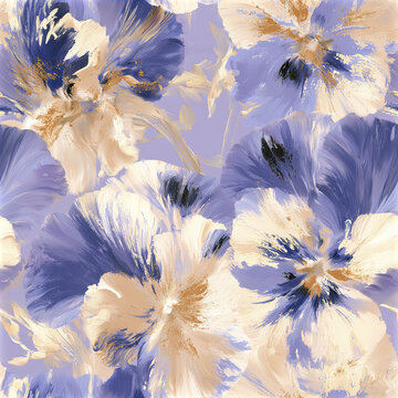 Seamless abstract pansy pattern featuring overlapping violet and beige petals with artistic brush strokes and golden accents