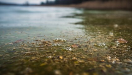 Fototapeta premium Dirty water surface with floating particles and sediment.