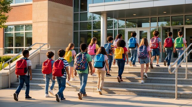 Diverse students entering modern school