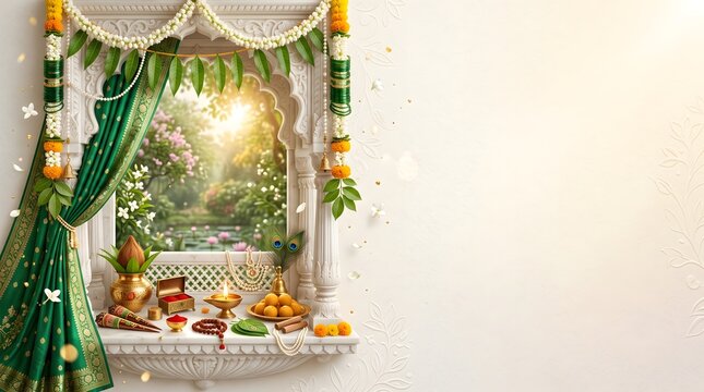 Teej festival celebration background with traditional decor