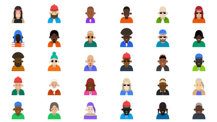 Fototapeta premium Diverse collection of flat design avatar icons for profile pictures and user interfaces, featuring various men and women profiles