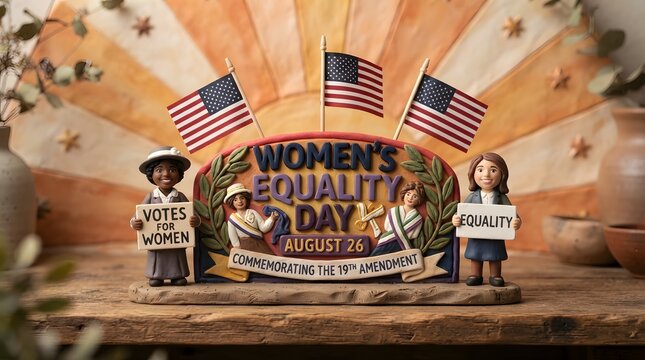 Womens equality day commemorative figurine with american flags, celebrating the 19th amendment, featuring diverse figures holding signs for equality