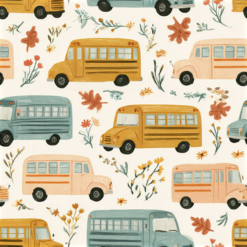Seamless pattern with hand drawn school bus and autumn leaves, flowers, and branches in warm colors creating cozy feeling