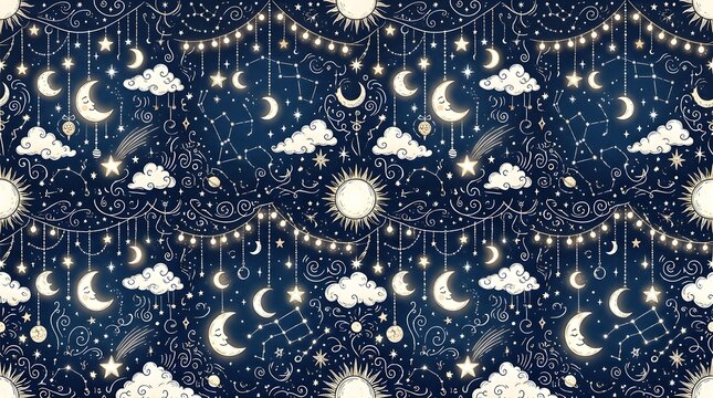 Celestial night sky with crescent moons, stars, clouds, and twinkling lights seamless pattern