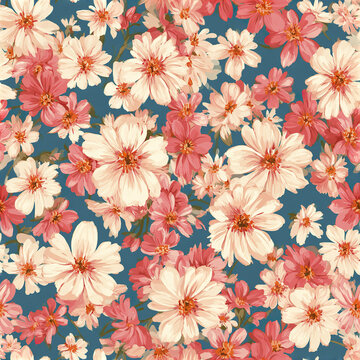 Cheerful seamless floral pattern with dense pink and cream flowers on blue background creating lively and vibrant design