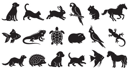 Obraz premium Collection of various domestic animal silhouettes and pet icons with silhouettes goldfish cockatoo