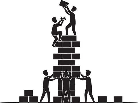 Silhouette of a team of people building a tall tower of blocks together representing teamwork and business success on white