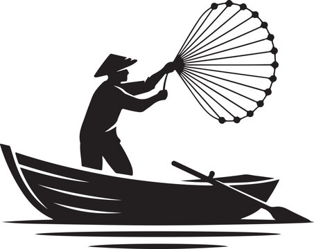 Silhouette of a traditional asian fisherman standing in a small wooden boat and casting a circular fishing net into water