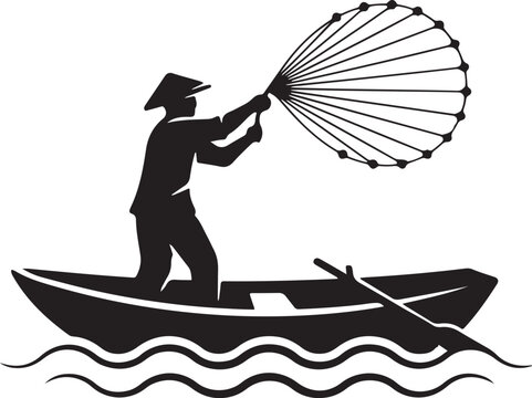Silhouette of a traditional fisherman standing on a small boat and casting a fishing net into the water on a white background