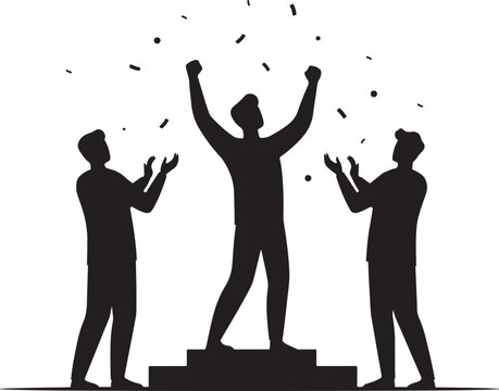 Silhouette of a winner standing on a podium with people applauding, confetti, success and victory concept, isolated on a white background