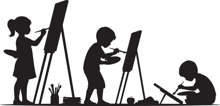 Silhouette of children and painting on canvases with easels, supplies, and brushes on a clean white background