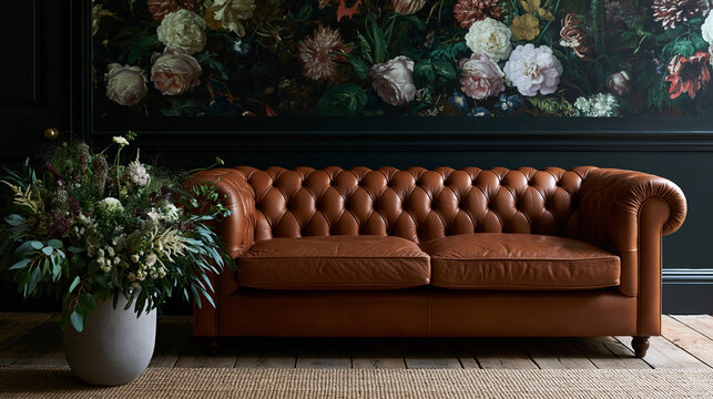 Luxurious interior featuring a vintage brown leather Chesterfield armchair against a dramatic floral mural, sophisticated design concept, with copy space